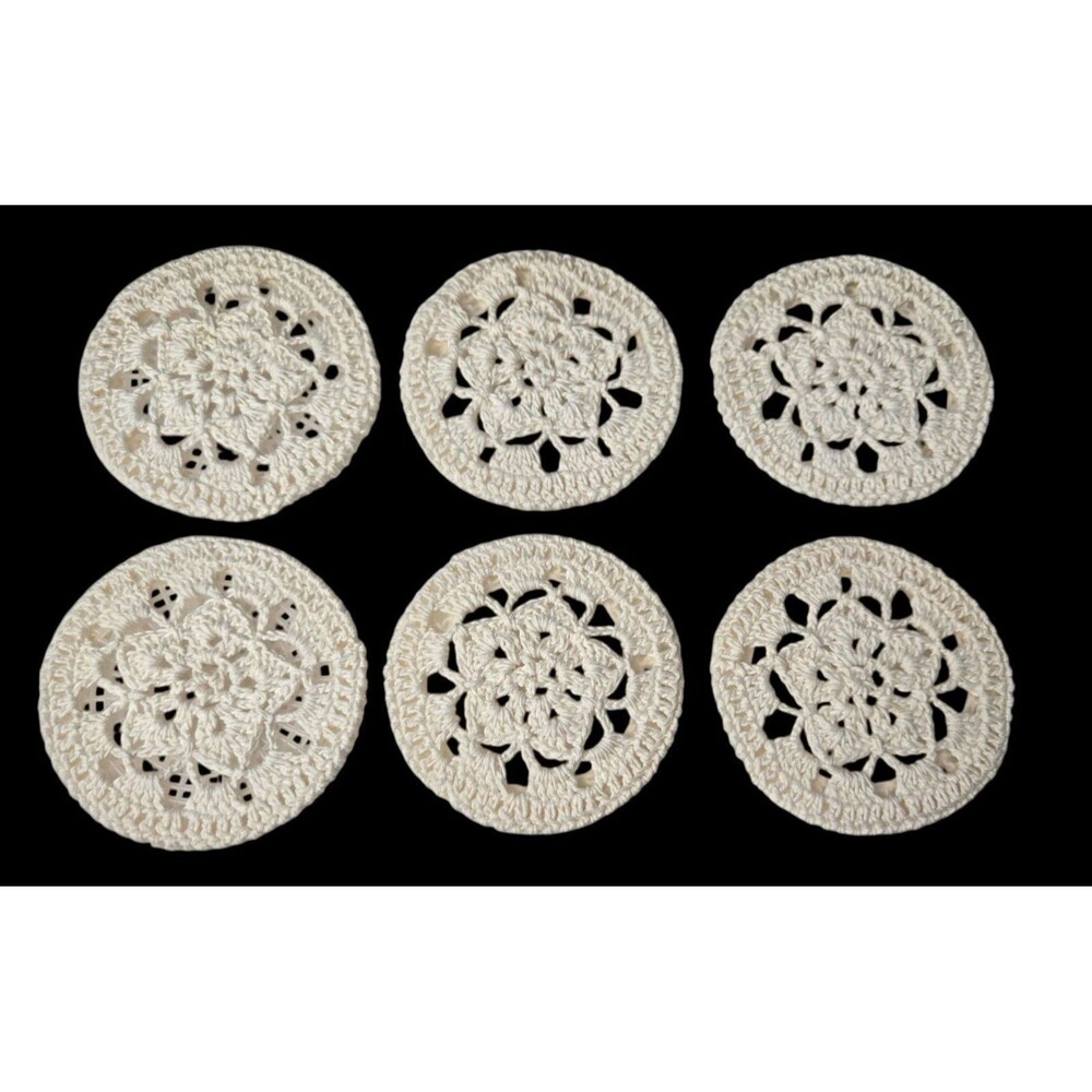 Hand Crocheted Drink Coasters Doilies Plastic Insert Cottagecore Set of 6 Vtg